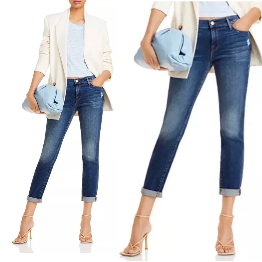 FRAME Le Garcon Mid Rise Distressed Slim Boyfriend Jeans in Azure‎ Size 27